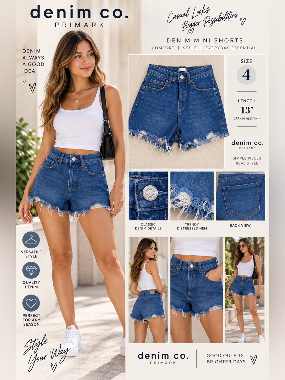 Primark Denim Co. Women’s Size 4 High Rise Denim Shorts Distressed Frayed Hem